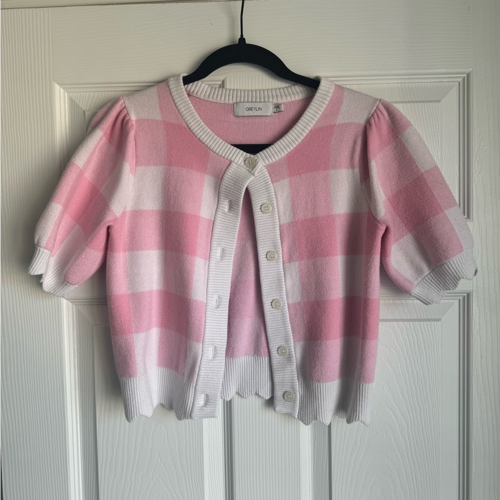 Greylin Pink and White Checkered Cardigan Sweater